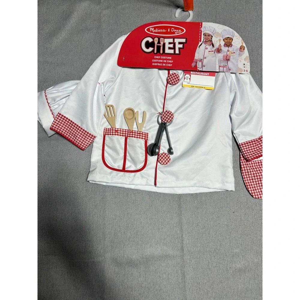 Melissa &‎ Doug Chef Costume Kids Size 3-6 White Red Gingham Role Play Set